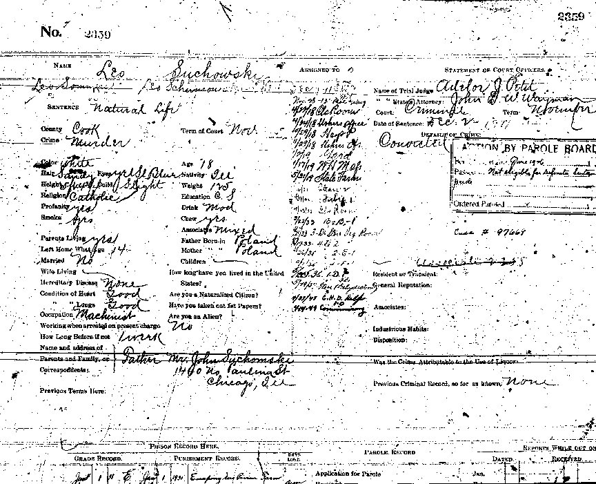 Leo Suchomski's Prison Record (top half), 1911